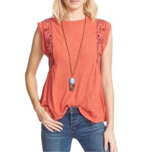 Free People Marcy Embroidered Boho Coral In Color Top Feminine Vibrant Casual